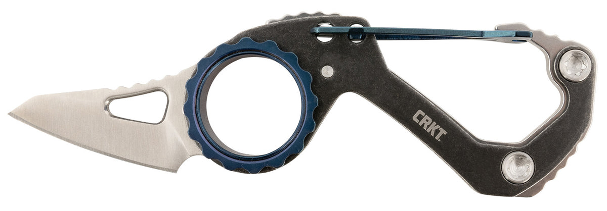 CRKT Compano 9083 1.44" Folding Sheepsfoot Plain Blade, Black Stonewashed SS Handle with Blue Accents and Carabiner Attachment