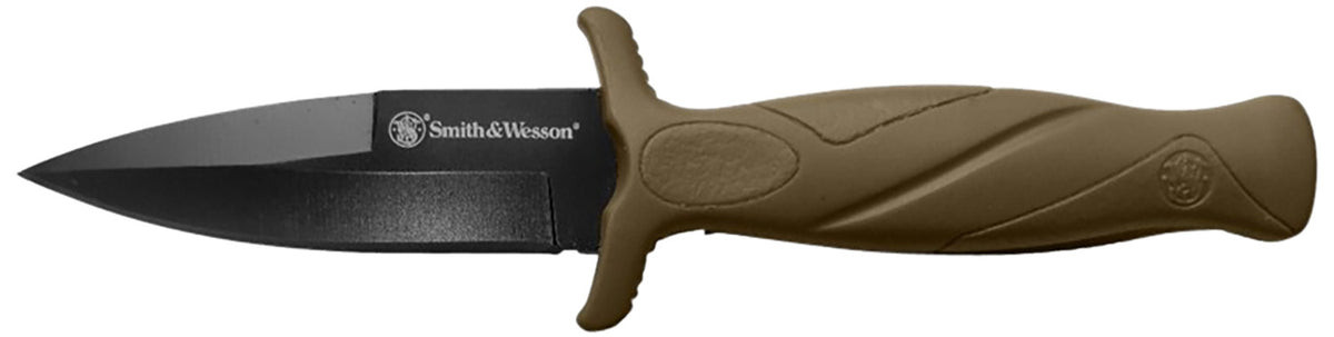 S&W 1100073 H.R.T. False Edge 2.75" Fixed Blade Knife Black Oxide Stainless Steel Flat Dark Earth Rubber Handle with Sheath