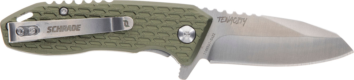 Schrade 1159317 Tenacity Compact Folding Knife Modified Drop Point AUS-10A SS Satin Blade Green Aluminum Handle