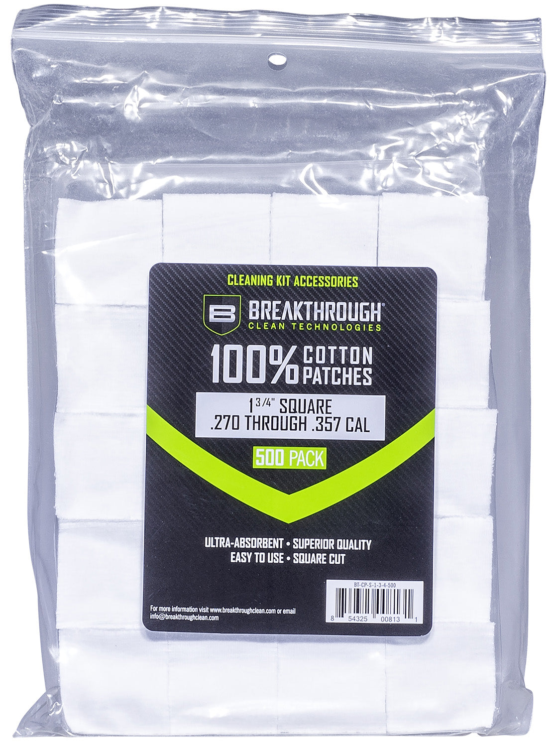 Breakthrough Clean Cotton Bore Patches 270/357 Cal 1.75" 500 Pieces BTCPS134500