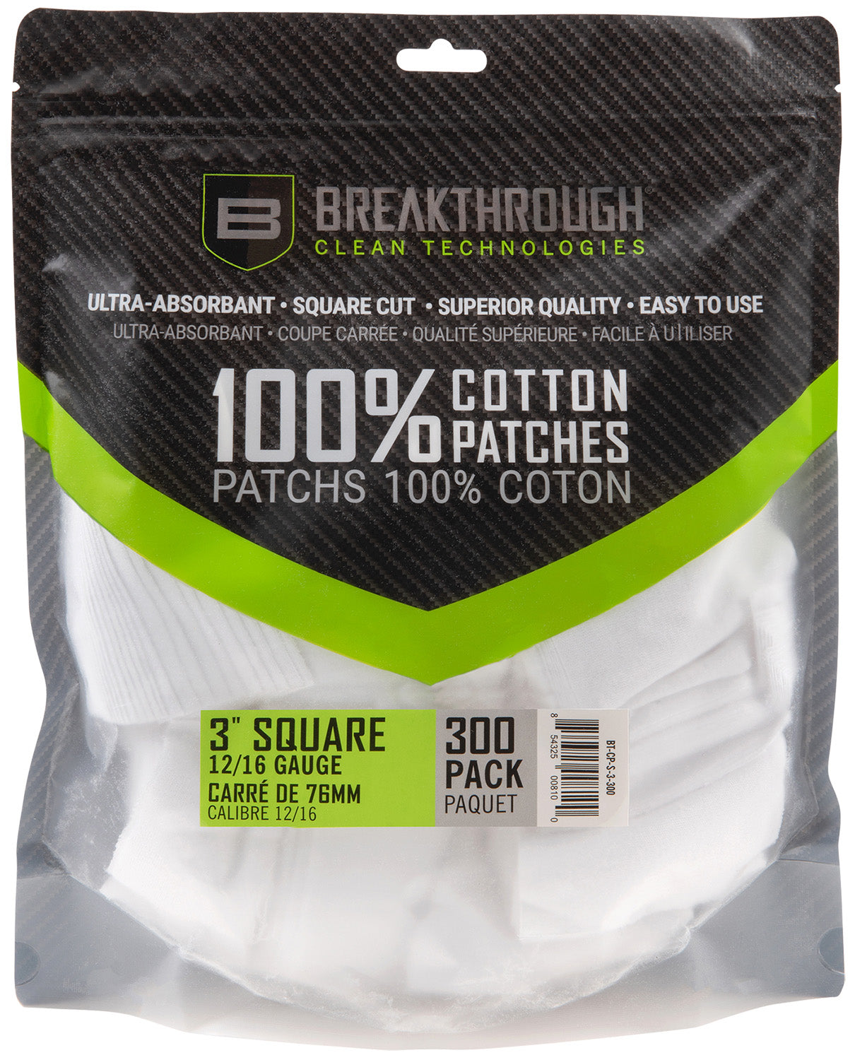 Breakthrough Clean Cotton Bore Patches 12-16 Gauge 300 Pack BTCPS3300