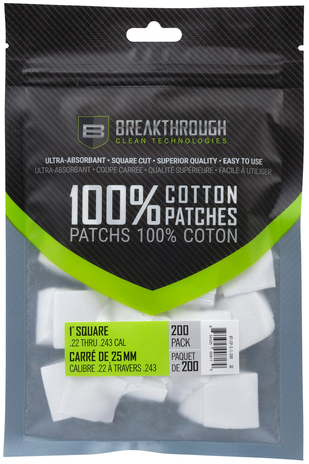 Breakthrough Clean Cotton Bore Patches .22-243 Cal 200 Pack BTCPS1200
