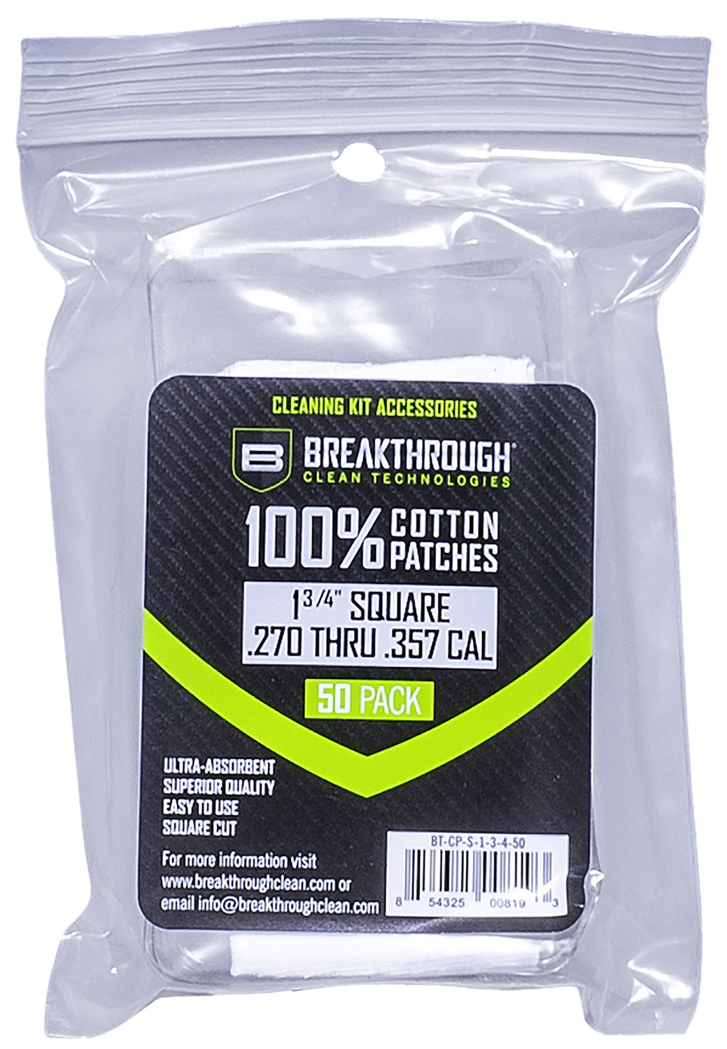 Breakthrough Clean Cotton Bore Patches 270/357 Cal 1.75" 50 Pack BTCPS13450