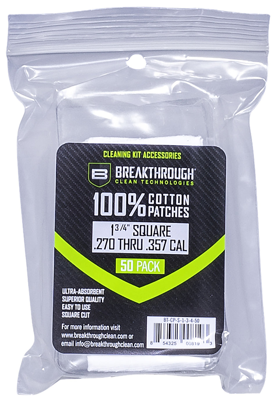 Breakthrough Clean Cotton Bore Patches 270/357 Cal 1.75" 50 Pack BTCPS13450