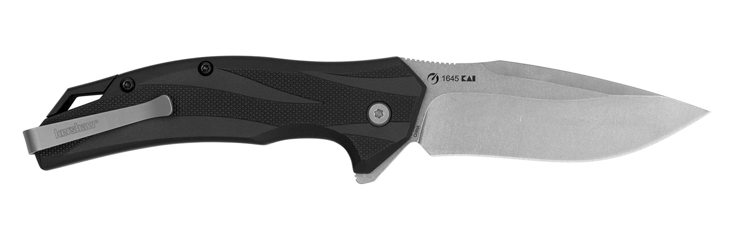 Kershaw Lateral Assisted Folding Knife Drop Point Recurve 8Cr13MoV Stonewashed Blade, Gray Textured Nylon Handle, Deep Carry Pocket Clip