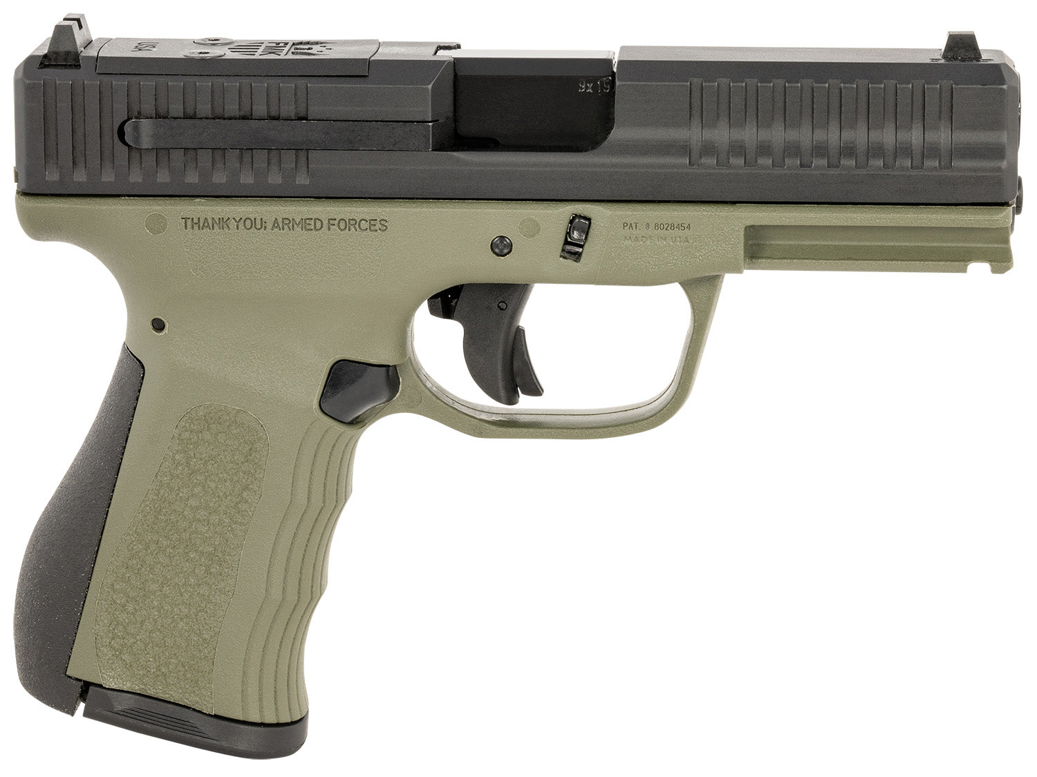 FMK FMKG49OD G3 9mm Luger 14+1 4" Stainless Steel Barrel, Black Optic Cut/Serrated Carbon Steel Slide, OD Green Polymer Frame w/Picatinny Rail, Black Backstrap Grip