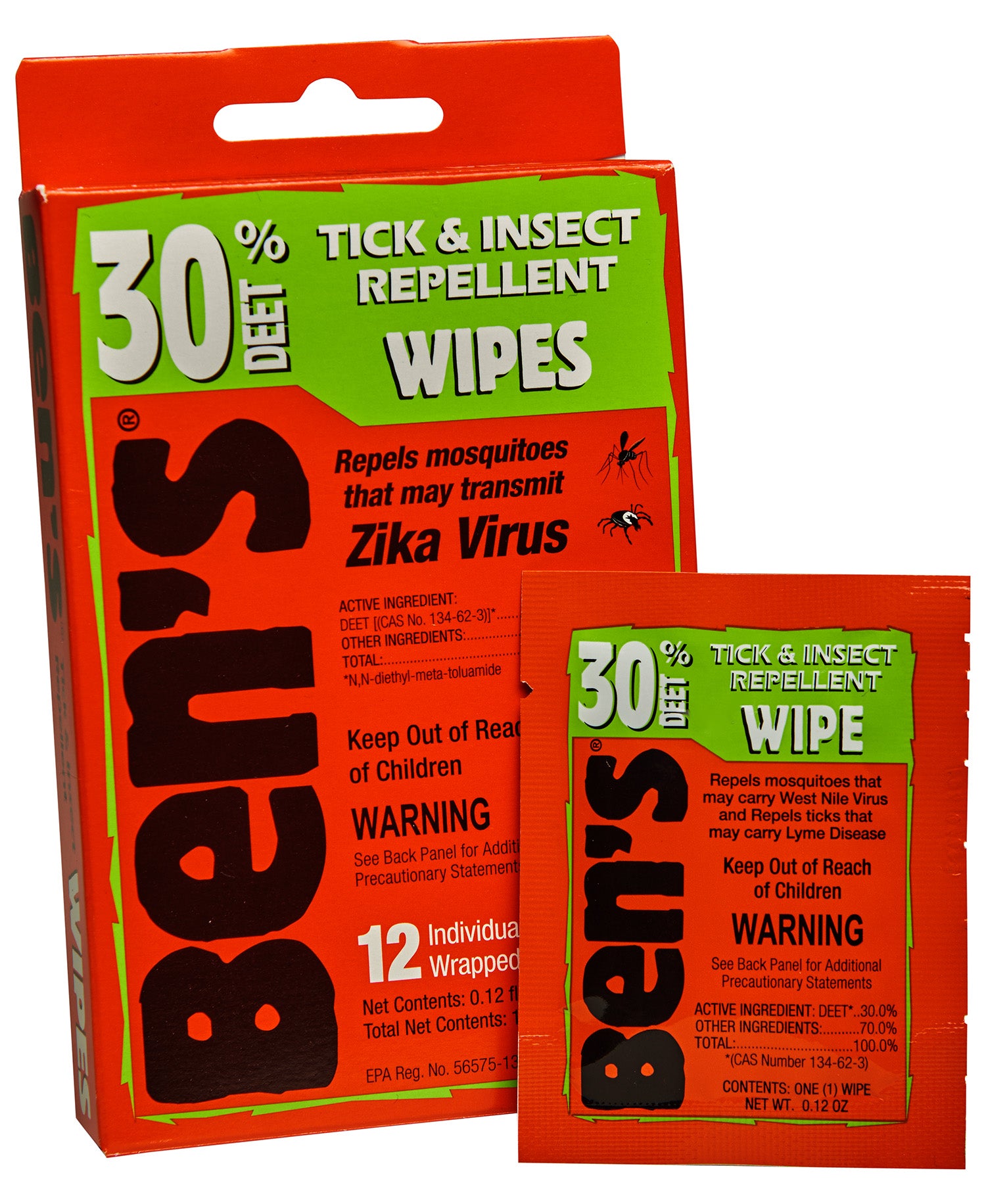 Ben's 00067085 30% DEET Tick and Bug Repellent Wipes 12 Individually Wrapped