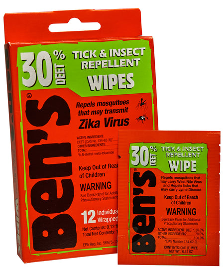 Ben's 00067085 30% DEET Tick and Bug Repellent Wipes 12 Individually Wrapped