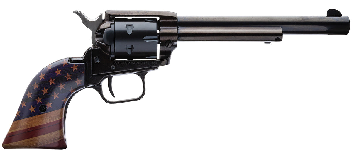 Heritage Mfg RR22B6GOLDUSA Rough Rider 22 LR 6 Shot, 6.50" Black Oxide Steel Barrel, Black Oxide Zinc Alloy Frame, Black Oxide Cylinder, Gold USA Flag Grip, Exposed Hammer