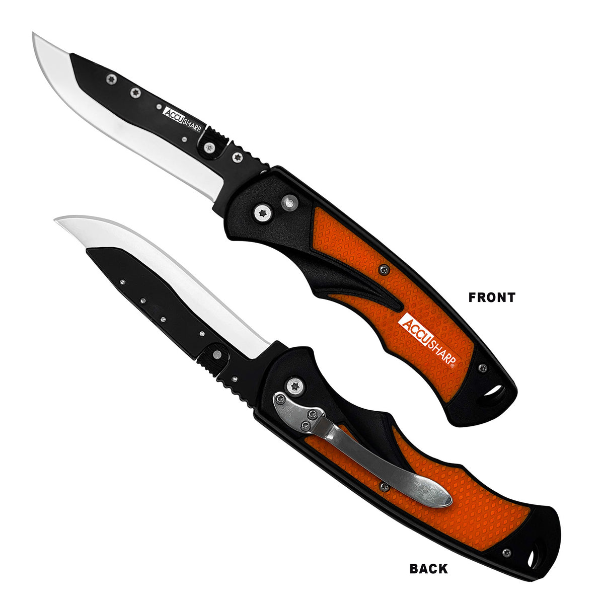 AccuSharp 741C 3.50" Razor Folding Knife with Blaze Orange Ergonomic Handle, 3-Position Lock, 2 Replacement Blades & Belt Clip