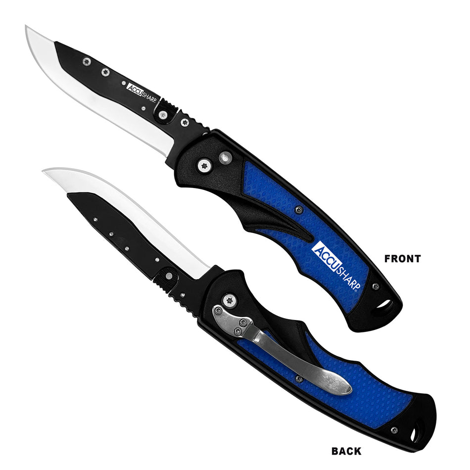 AccuSharp 743C 3.50" Razor Folding Knife with Royal Blue Ergonomic Handle, 3-Position Lock, 2 Replacement Blades & Belt Clip