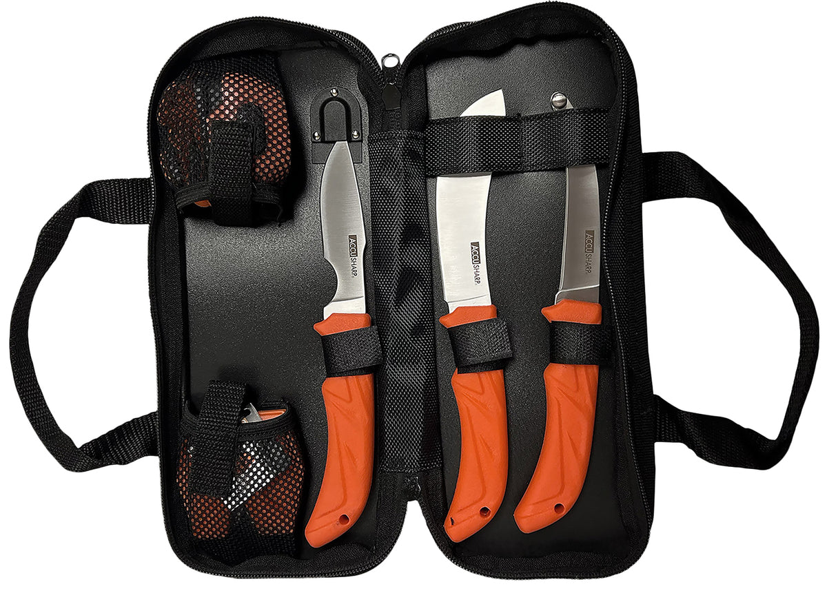 AccuSharp 738C 6-Piece Processing Kit with Caping/Gutting/Butcher Knives, LED Headlamp, 2-Step Sharpener & Nylon Case