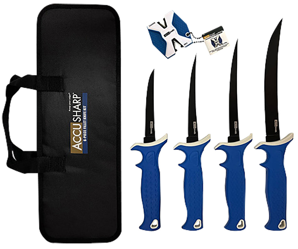 AccuSharp 737C Fishing Fillet Knife Set 4.75"-8" Satin Titanium-Coated Stainless Blades - Blue Anti-Slip Handles & Sharpener
