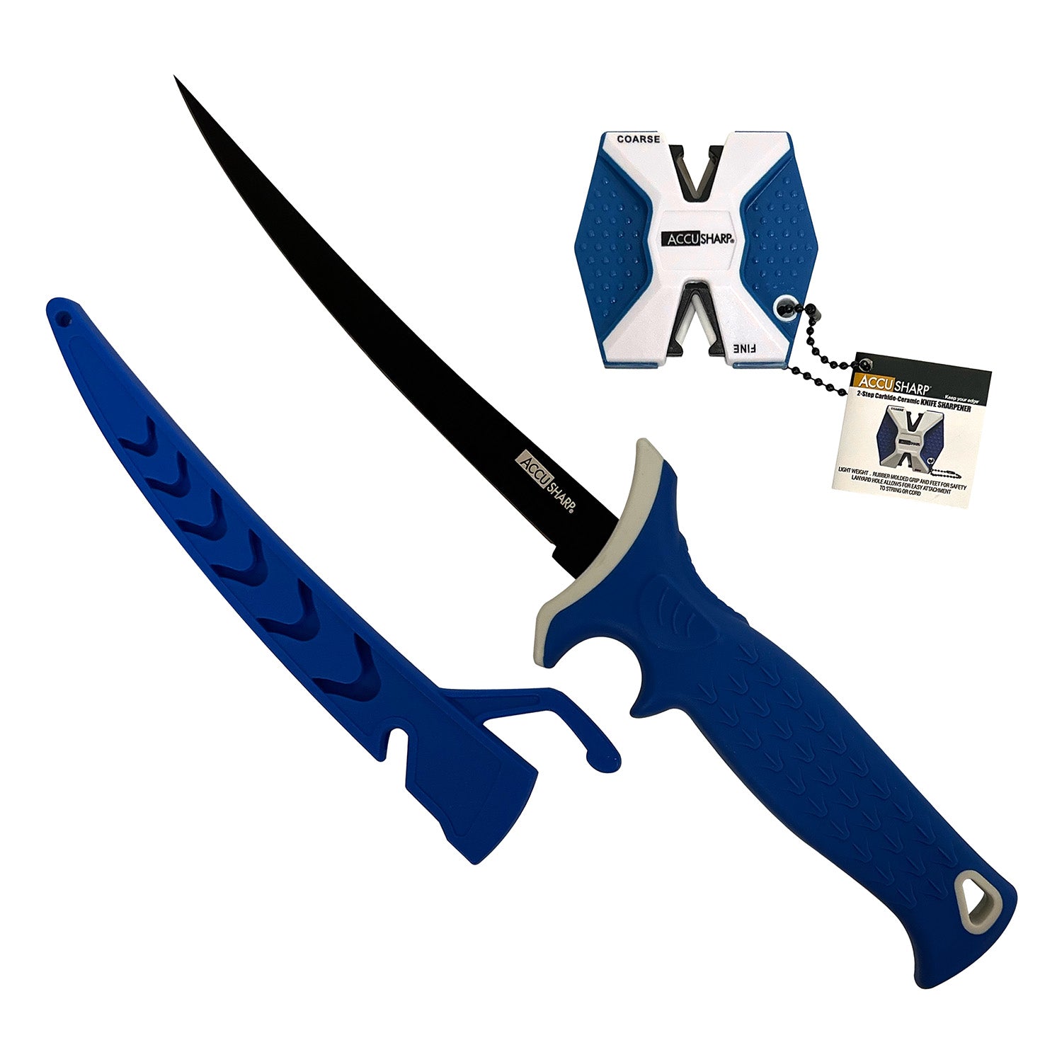 AccuSharp 736C 6.50" Fishing Fillet Fixed Knife - Titanium-Coated Stainless Blade, Royal Blue Rubber Grip & 2-Step Sharpener
