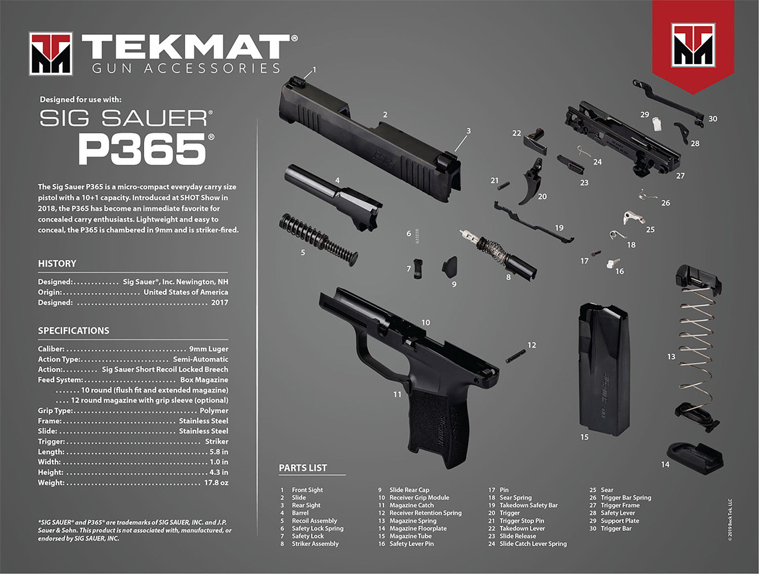 TekMat Ultra 20 Sig P365 Parts Diagram Cleaning Mat Multi-Color 15"x20" Rubber