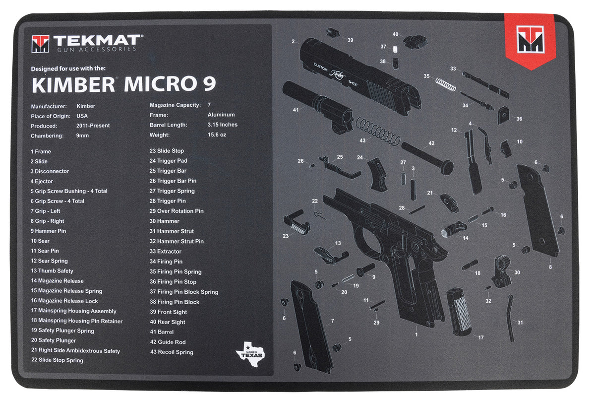 TekMat Kimber Micro 9 Parts Diagram Cleaning Mat Black/Gray 11"x17" Rubber