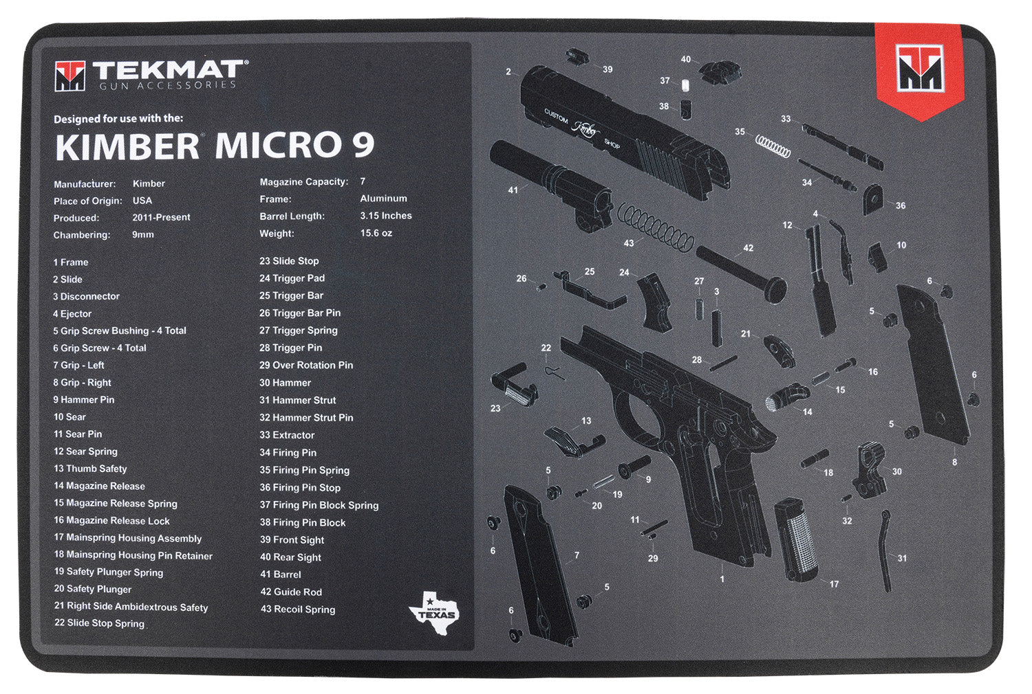 TekMat Kimber Micro 9 Parts Diagram Cleaning Mat Black/Gray 11"x17" Rubber