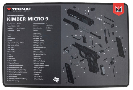 TekMat Kimber Micro 9 Parts Diagram Cleaning Mat Black/Gray 11"x17" Rubber