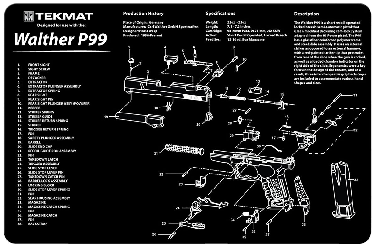 TekMat Walther P99 Parts Diagram Cleaning Mat Black/White 11"x17" Rubber