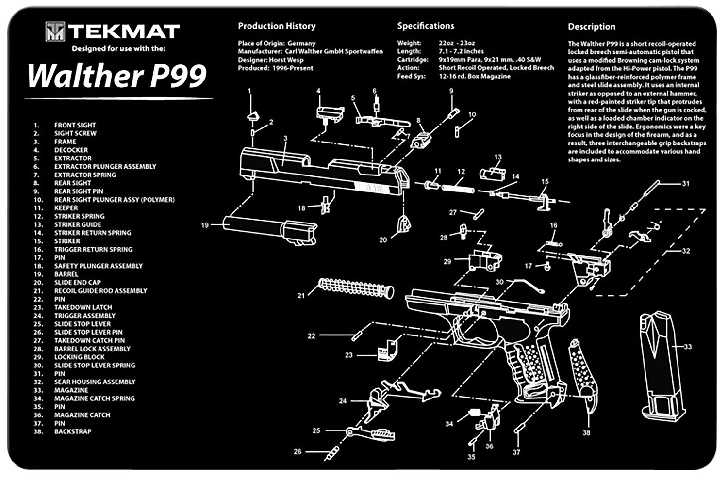 TekMat Walther P99 Parts Diagram Cleaning Mat Black/White 11"x17" Rubber