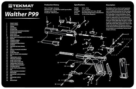 TekMat Walther P99 Parts Diagram Cleaning Mat Black/White 11"x17" Rubber