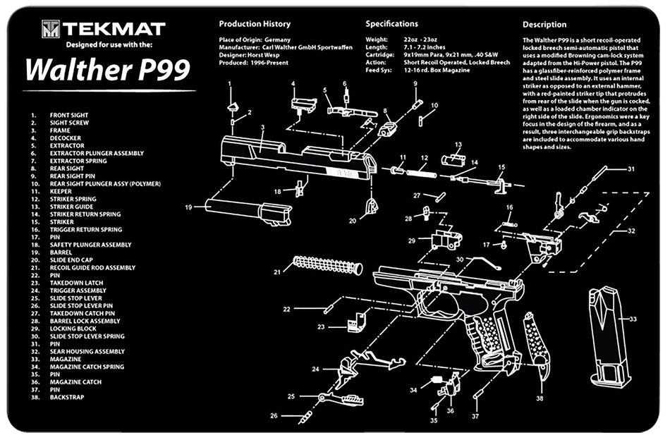TekMat Walther P99 Parts Diagram Cleaning Mat Black/White 11"x17" Rubber