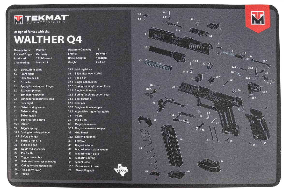 TekMat Walther Q4 SF Parts Diagram Cleaning Mat Black/Gray 11"x17" Rubber