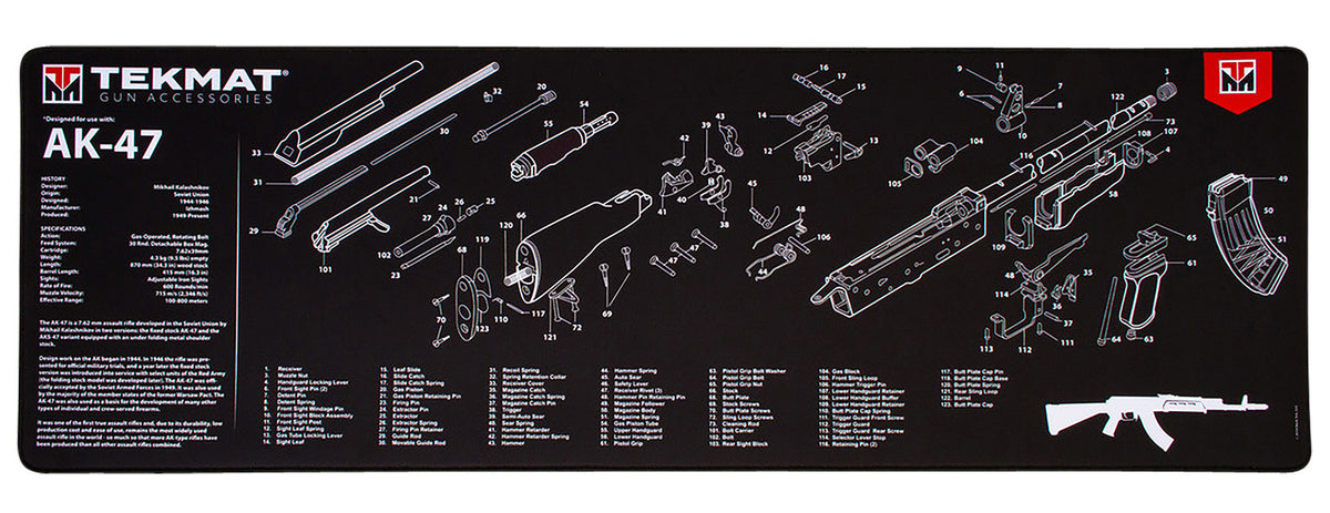 TekMat AK-47 Parts Diagram Cleaning Mat Black/White 12"x36" Rubber