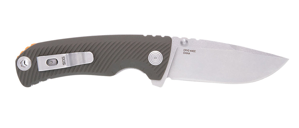 SOG Tellus ATK 3.50" Clip Point Plain Stonewashed Cryo 440C Blade Olive Drab GRN Handle Assisted Opening Folder