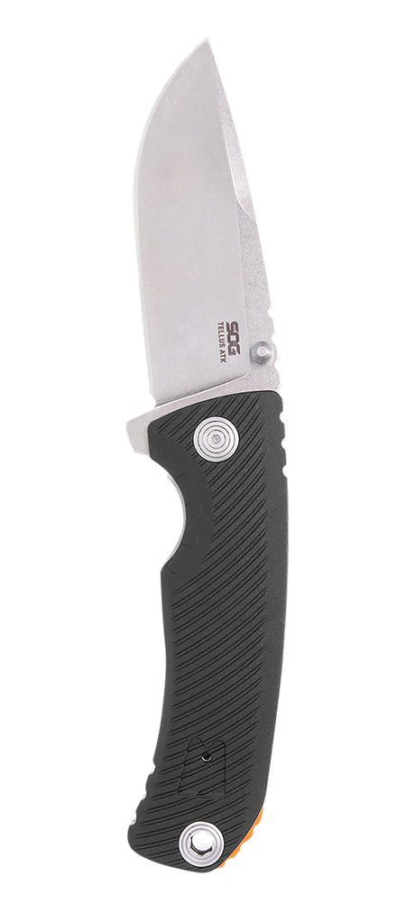 SOG Tellus ATK 3.50" Clip Point Plain Stonewashed Cryo 440C Blade Black Textured GRN Handle Assisted Opening Folder