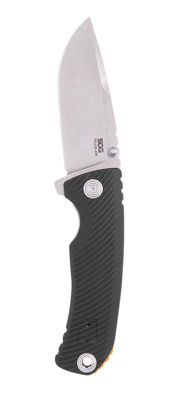 SOG Tellus ATK 3.50" Clip Point Plain Stonewashed Cryo 440C Blade Black Textured GRN Handle Assisted Opening Folder