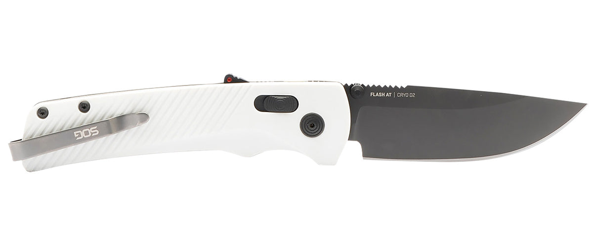 SOG Flash AT 3.45" Straight Back Plain TiNi D2 Steel Blade Concrete Gray GRN Handle XR Locking Folding Knife