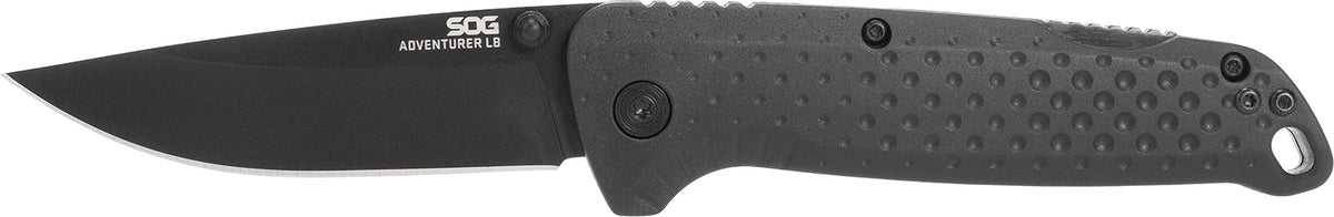 SOG Adventure LB 3.50" Plain Black TiNi 5Cr15MoV Drop Point Blade Black Textured GRN Handle Classic Lockback Design
