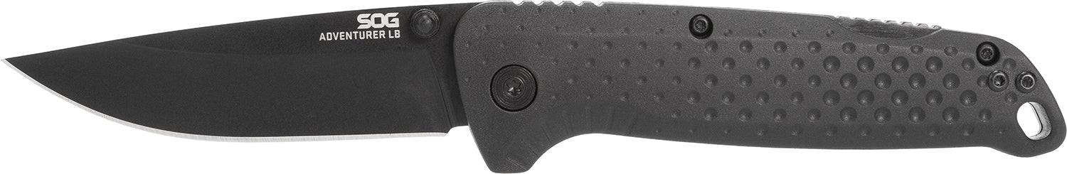 SOG Adventure LB 3.50" Plain Black TiNi 5Cr15MoV Drop Point Blade Black Textured GRN Handle Classic Lockback Design