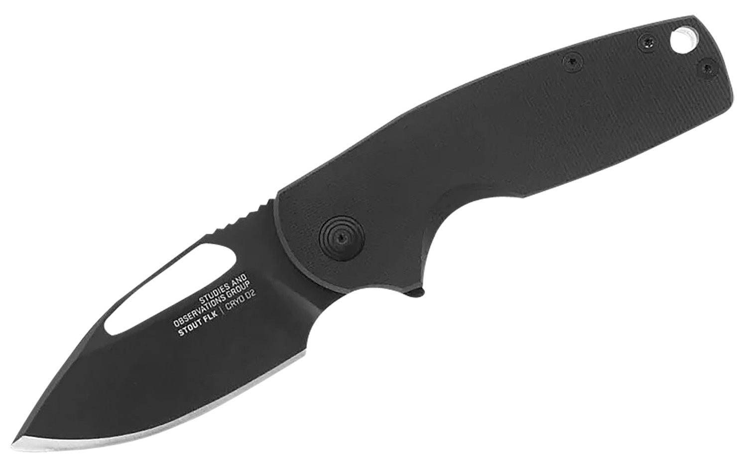 SOG Stout FLK 2.62" Plain Black TiNi Cryo D2 Clip Point Blade Black Textured G10 Handle Compact Daily Carry Folder
