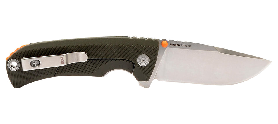 SOG Tellus FLK 3.65" Plain Stonewashed Cryo 440C Clip Point Blade Olive Drab Textured GRN Handle Framelock Folder