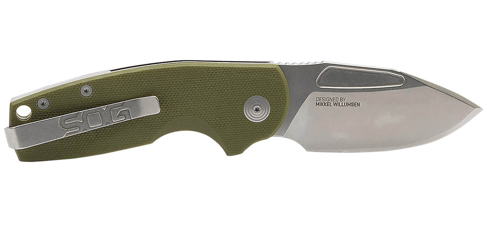SOG Stout SJ 2.60" Plain Stonewashed Cryo D2 Clip Point Blade Olive Drab Textured G10 Handle Slip Joint Folder