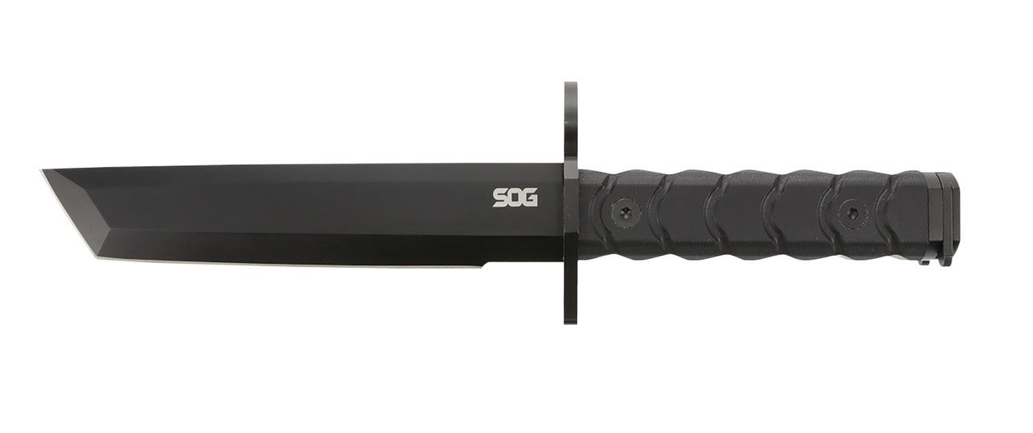 SOG Bayonet 7.00" Tanto Plain Black Blade G-10 Handle Multi-Purpose Fixed Blade Knife with Barrel Ring and Sheath