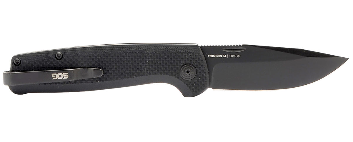 SOG Terminus SJ 2.90" Plain Stonewashed Cryo D2 Clip Point Blade Blackout G10 Handle Slim Everyday Carry Slip Joint