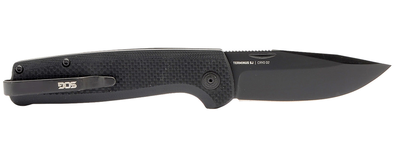SOG Terminus SJ 2.90" Plain Stonewashed Cryo D2 Clip Point Blade Blackout G10 Handle Slim Everyday Carry Slip Joint