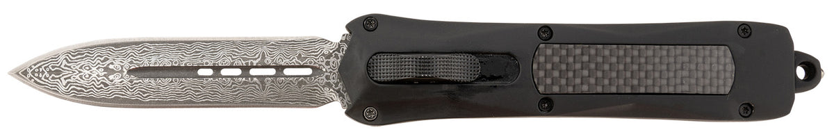 Steel River Knives Spartan 3.50" OTF Auto Dagger Damascus 440C Steel Blade Black w/Carbon Fiber Inlay Aluminum Handle