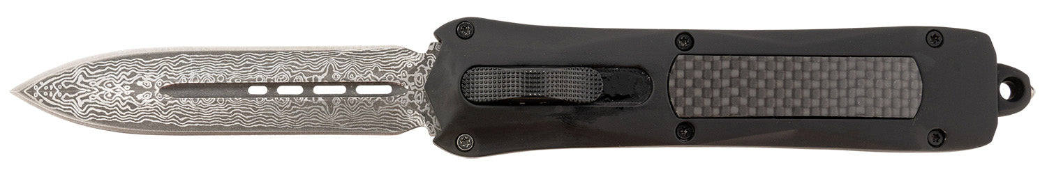 Steel River Knives Spartan 3.50" OTF Auto Dagger Damascus 440C Steel Blade Black w/Carbon Fiber Inlay Aluminum Handle