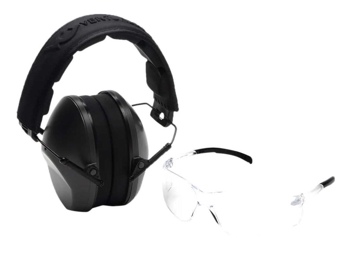 Pyramex Low-Profile Combo Clear Lens Safety Glasses with Rubber Temple Tips and Gray Ear Muffs