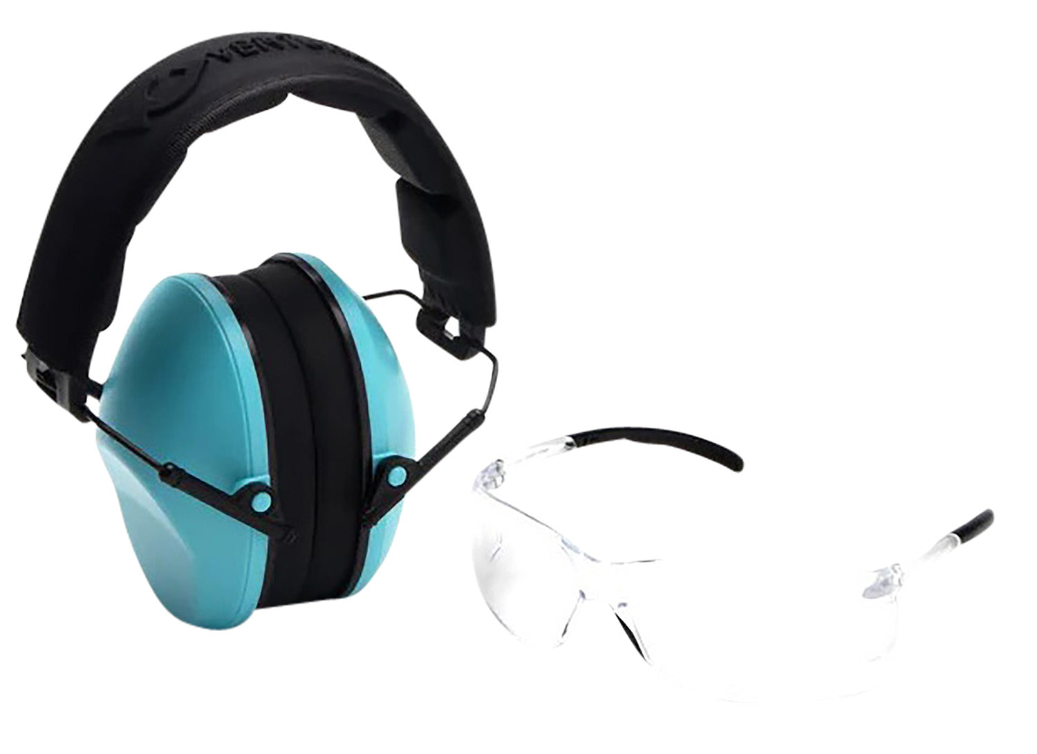 Pyramex Low-Profile Combo Clear Lens Safety Glasses with Rubber Temple Tips and Powder Blue Ear Muffs