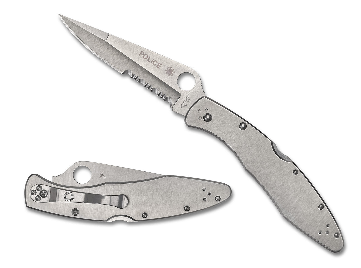 Spyderco Police Model Folder 4.13" Plain Satin VG-10 SS Blade Stainless Handle Including Pocket Clip