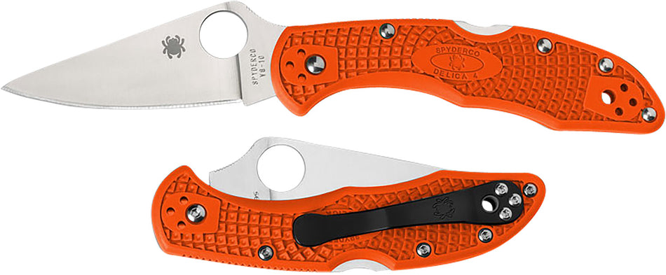 Spyderco Delica 4 Lightweight 2.88" Plain Satin VG-10 SS Blade Orange FRN Handle Including Four-Way Pocket Clip