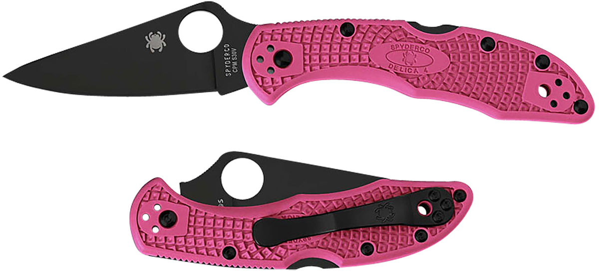 Spyderco Delica 4 Lightweight 2.90" Black TiCN CPM S30V Plain Blade Pink and Black FRN Handle Including Pocket Clip