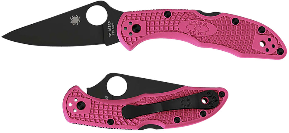 Spyderco Delica 4 Lightweight 2.90" Black TiCN CPM S30V Plain Blade Pink and Black FRN Handle Including Pocket Clip