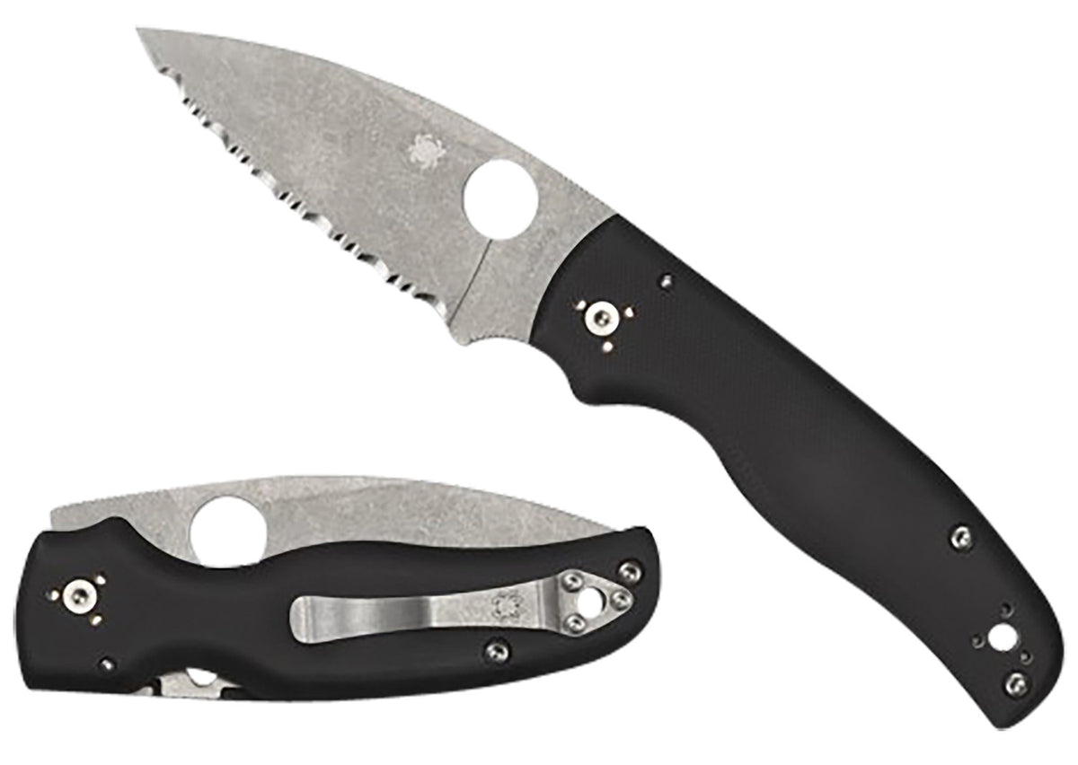 Spyderco C229GS 3.58" Folding Knife Serrated Stonewashed CPM S30V Blade Black G10 Scales Four-Position Clip