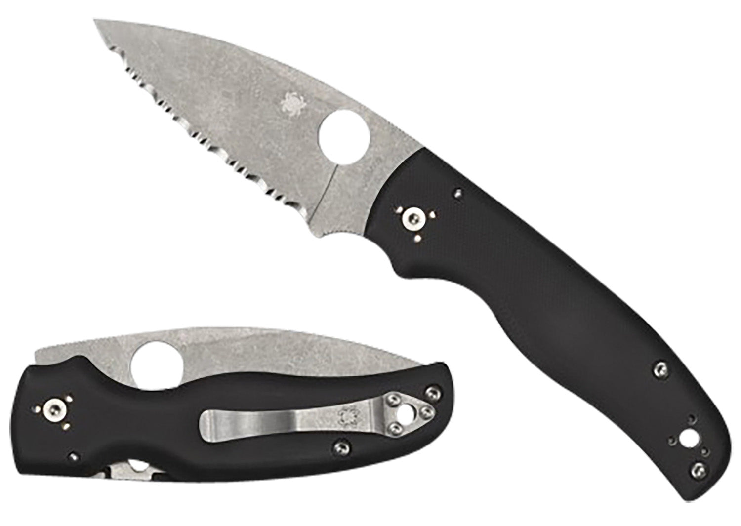 Spyderco C229GS 3.58" Folding Knife Serrated Stonewashed CPM S30V Blade Black G10 Scales Four-Position Clip